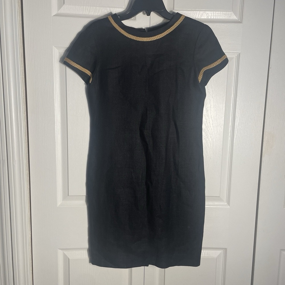 Vintage Liz Claiborne 100%‎ Linen Dress Women 4 Black Tan Trim 90s Short Sleeve